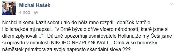 Hejtman Michal Hašek se pustil do Hollana na Facebooku