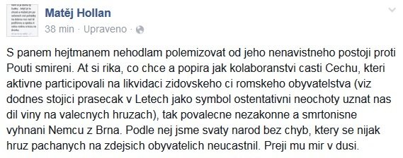 Náměstek brněnského primátora Holland odpověděl hejtmanovi Haškovi na Facebooku