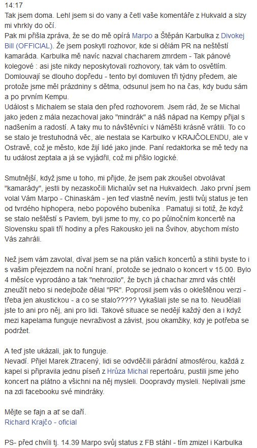 Richard Krajčo se proti Marpovi z Chinasek a Karbulkovi z Divokýho Billa vyzbrojil dlouhým vyjádřením na Facebooku.