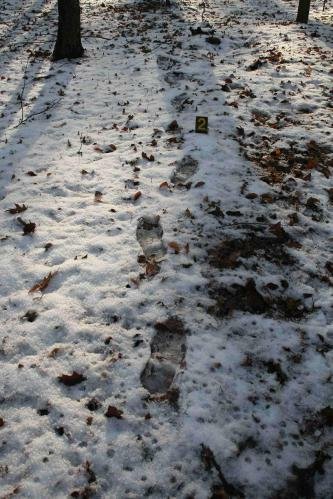 Stopy ve sněhu poté, co z domu v Týništi nad Orlicí utíkal vrah Michal Semanský.