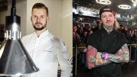Jan Knedla (vlevo), šéfkuchař restaurace Papilio, která má jako první v Česku dvě michelinské hvězdy. Vlevo Přemek Forejt, jehož restaurace Entrée má michelinskou hvězdu jednu.