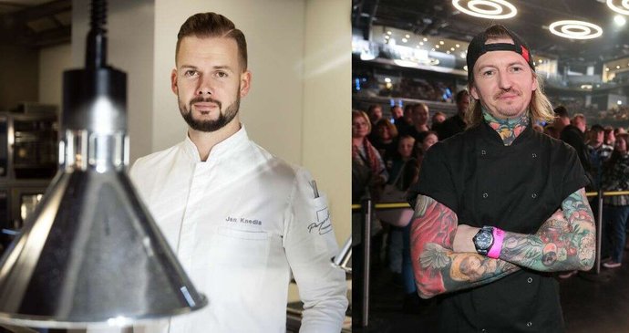 Jan Knedla (vlevo), šéfkuchař restaurace Papilio, která má jako první v Česku dvě michelinské hvězdy. Vlevo Přemek Forejt, jehož restaurace Entrée má michelinskou hvězdu jednu.