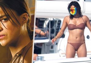 Michelle Rodriguez s ochranný štítem na hlavě