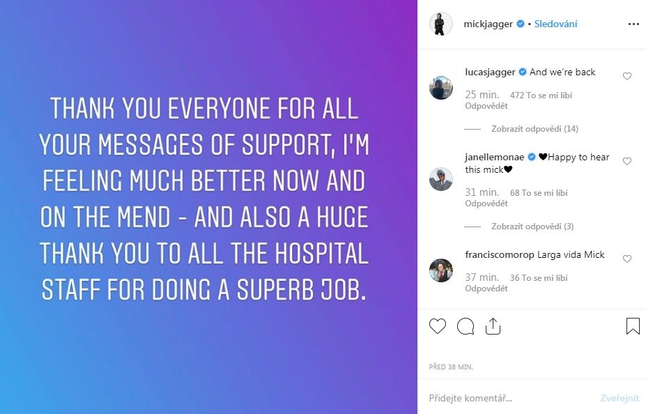 Zpráva na oficiálním Instagramu Micka Jaggera potvrzující operaci!