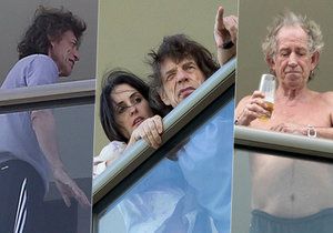 Nemocný Mick Jagger na balkoně ve společnosti manželky a kámoše Keitha Richardse.