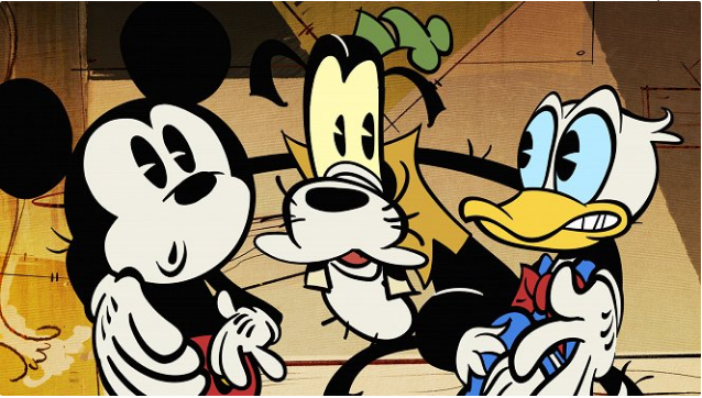Mickey Mouse s Goofym a kačerem Donaldem.