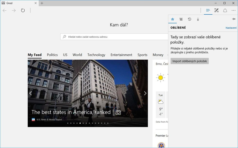 Oblíbené stránky v Edge