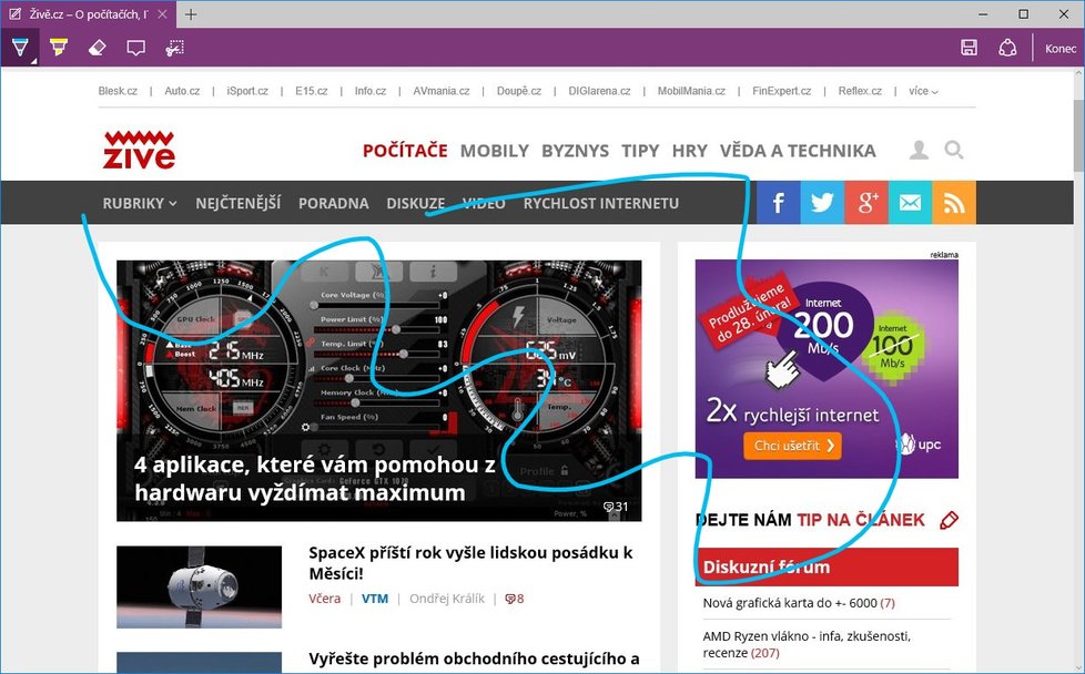 Poznámky rukou v prohlížeči Edge