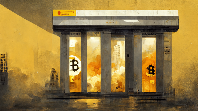 Jak si umělá inteligence představuje restrikce bitcoinu ze strany bank.
