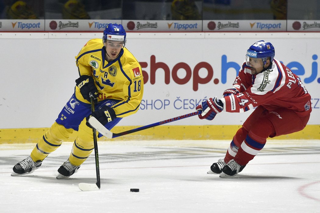 Švédský reprezentant Mikael Backlund v souboji s český kapitánem Tomášem Plekancem