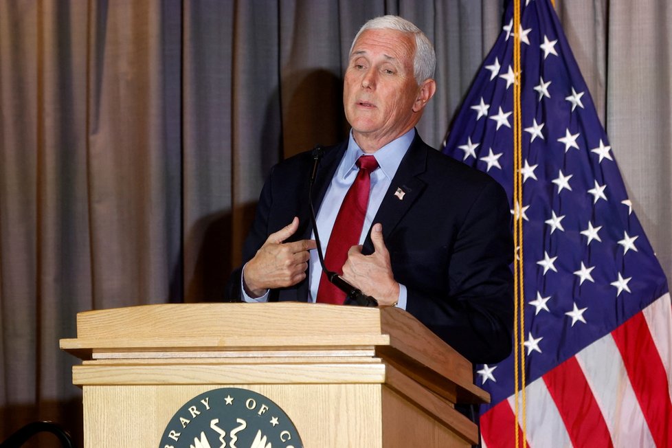 Trumpův viceprezident Mike Pence v Knihovně Kongresu (16. 2. 2023).