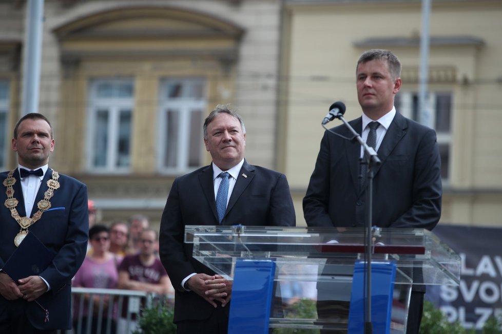 Americký ministr zahraničí Mike Pompeo a jeho český protějšek Tomáš Petříček v Plzni.