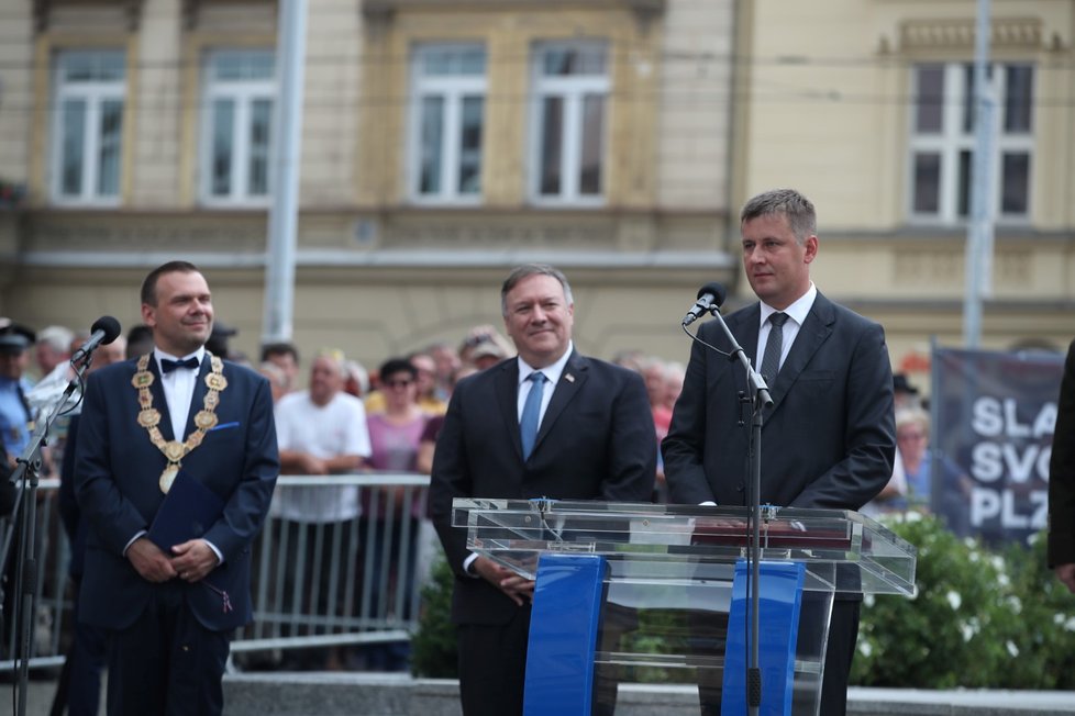 Americký ministr zahraničí Mike Pompeo a jeho český protějšek Tomáš Petříček v Plzni.