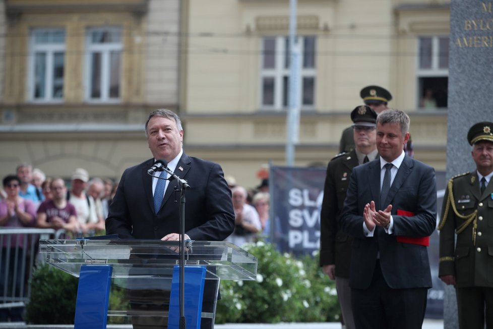 Americký ministr zahraničí Mike Pompeo při projevu v Plzni