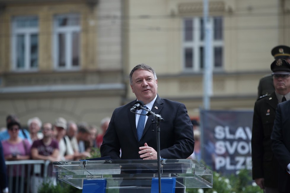 Americký ministr zahraničí Mike Pompeo při projevu v Plzni.