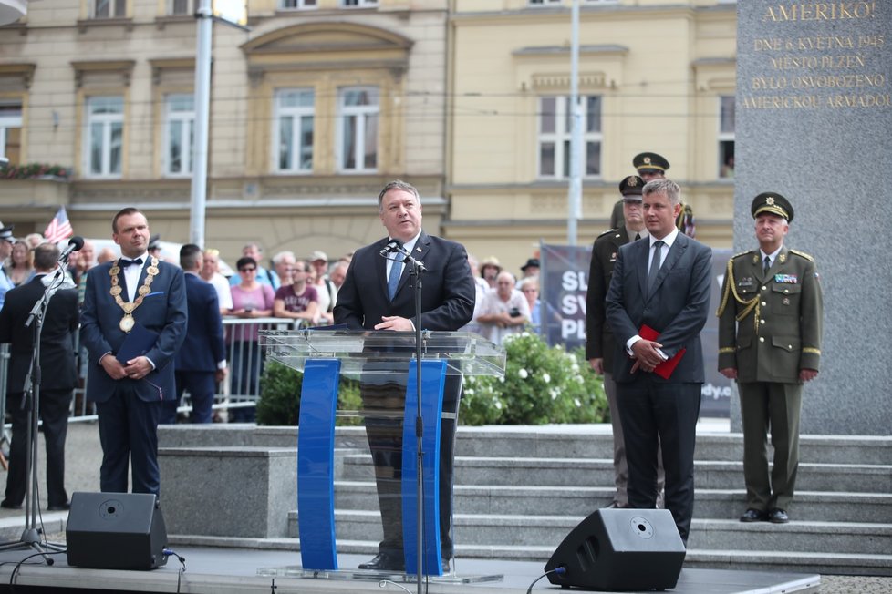 Americký ministr zahraničí Mike Pompeo při projevu v Plzni.