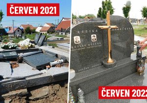 Kameník Bořivoj Čech při kontrole hrobů v Mikulčicích. Rok jsme se nezastavili, říká. Tornádo tu napáchalo obrovské škdy.