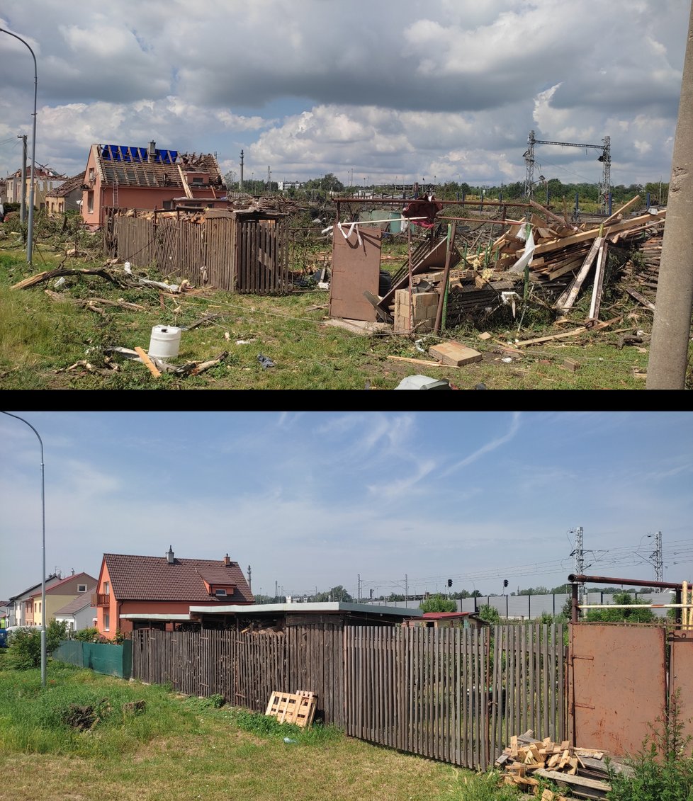 Nejsevernější část Velkomoravská ulice v Mikulčicích den po řádění ničivého tornáda a dva roky poté.