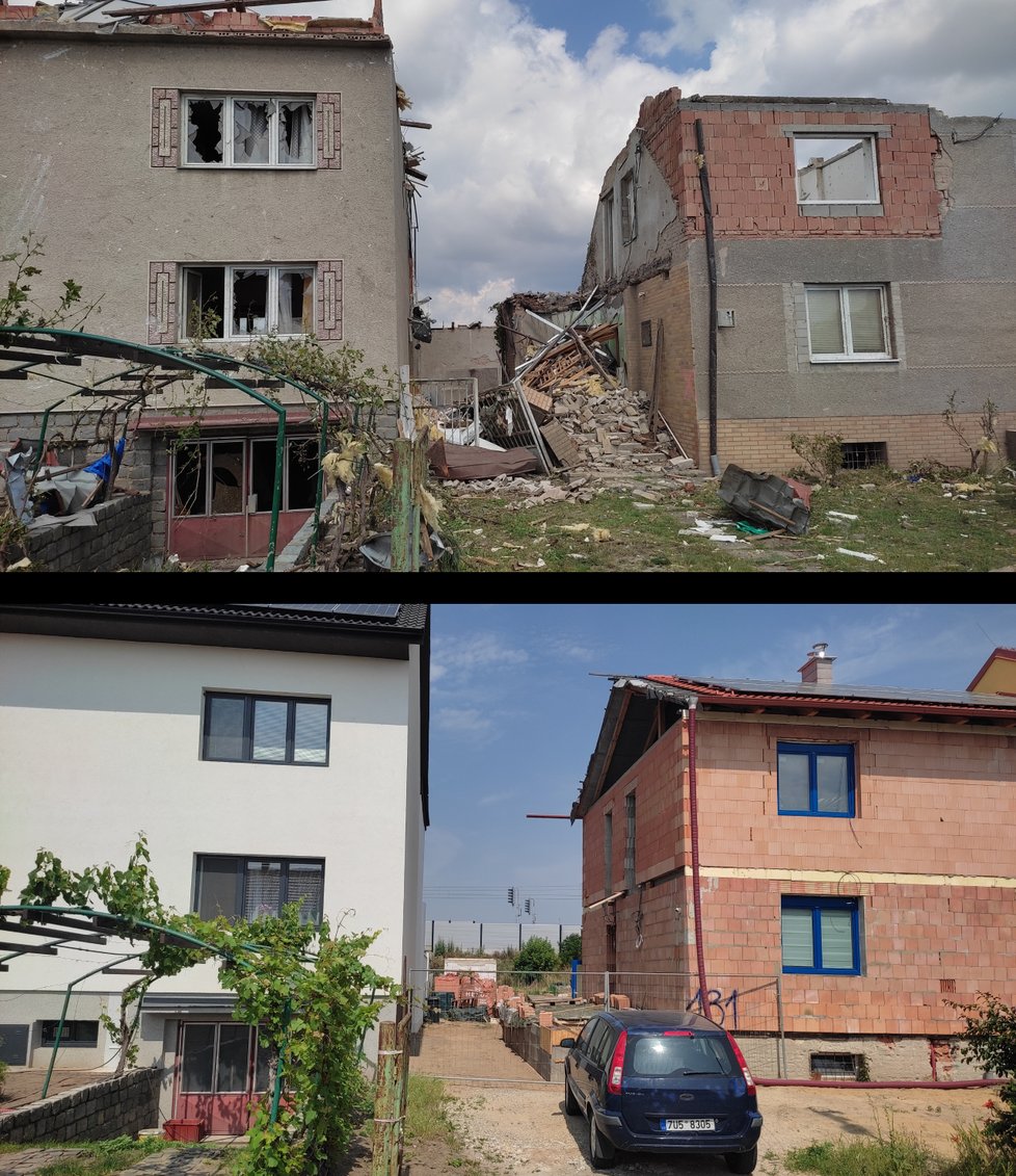 Velkomoravská ulice v Mikulčicích den po řádění ničivého tornáda a dva roky poté. Rozdíl je patrný hned na první pohled.
