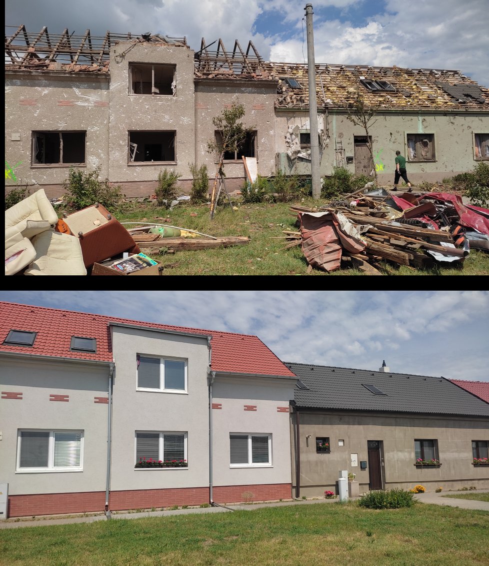 Dům Vlastimila Glose z Mikulčic  (85, vlevo) byl po tornádu takřka celý zničen. Zůstaly jen stěny. dnes jde o velmi hezky upravené stavení.