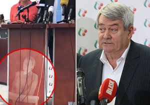 Na pultu se během tiskové konference KSČM objevila podobizna Milady Horákové (16.6.2020).