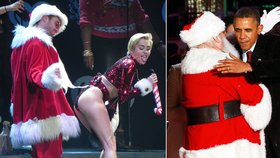 Miley Cyrus opět provokovala, tentokrát na pódiu se Santou. Barack Obama muže v převleku naštěstí jen objímal