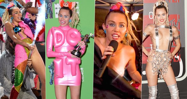 Miley předvedla šílené kostýmy a nakonec i celé své prso.