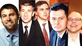 Tohle jsou nejbohatší muži Česka: Zleva Petr Kellner, Andrej Babiš, Pavel Tykač, Karel Komárek ml., Zdeněk Bakala