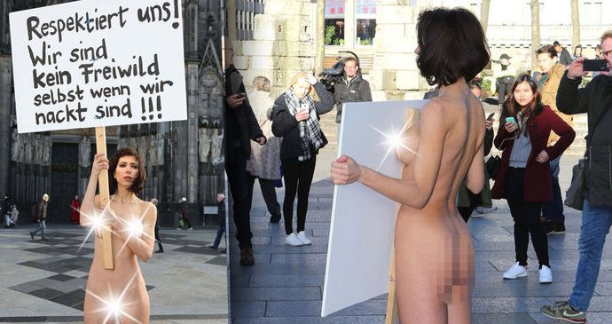 Nahá kráska se slovenskými předky Milo Moiré protestovala v Kolíně nad Rýnem proti sexuálnímu násilí na ženách.
