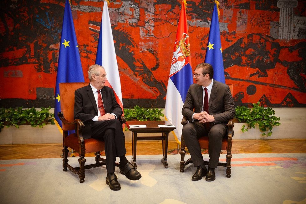 Český prezident Miloš Zeman se svým protějškem Aleksandarem Vučičem na státní návštěvě Srbska (11. 9. 2019)