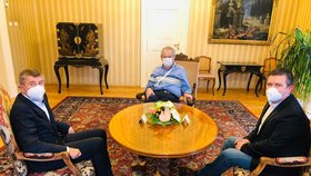 Premiér Andrej Babiš (ANO) a ministr vnitra Jan Hamáček (ČSSD) na zámku v Lánech, kde s prezidentem Milošem Zemanem hovořili o předávání státních vyznamenání (13. 10. 2020)