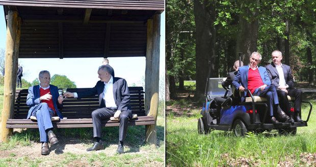 Zeman v golfovém vozíku projel s Kiskou lánskou oboru. Připili si na lavičce 