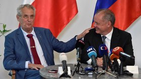 Český prezident Miloš Zeman (vlevo) a jeho slovenský protějšek Andrej Kiska při setkání s novináři 29. července 2018 na zámku v Topoľčiankách, kam přijeli historickým vlakem z Hodonína. Jízda z rodiště prvního československého prezidenta Tomáše Garrigua Masaryka k zámku v jihoslovenské obci, který byl letním sídlem Masaryka, se stala součástí vzpomínkových akcí ke stému výročí vzniku Československa.