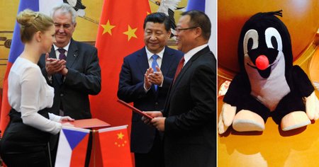 Miloš Zeman v Číně v roce 2014: S čínským prezidentem přihlíželi, jak Karolína Milerová podepsala kontrakt na natáčení „Krteček a panda“ v Číně.