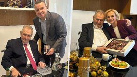 Miloš Zeman, Kateřina Konečná (KSČM) a Jindřich Rajchl (PRO) v kanceláři exprezidenta (prosinec 2025)