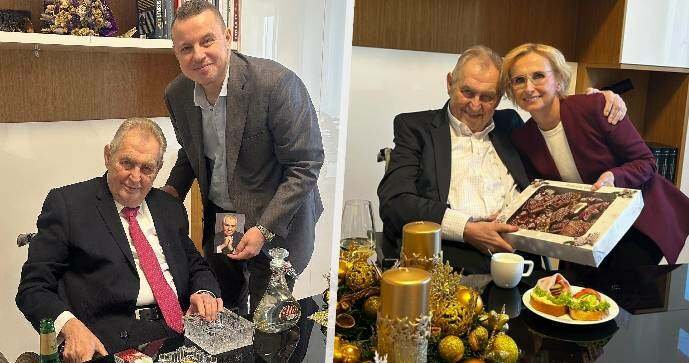 Miloš Zeman, Kateřina Konečná (KSČM) a Jindřich Rajchl (PRO) v kanceláři exprezidenta (prosinec 2025)