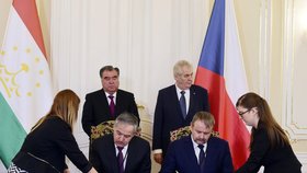 Prezident Miloš Zeman a tádžický prezident Imomali Rachmon ve čtvrtek na Pražském hradě jednali o vzájemných vztazích, ekonomické spolupráci nebo terorismu.