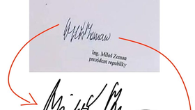 Podpis prezidenta Miloše Zemana na dokumentu ke svolání Sněmovny společně s jeho obvyklým podpisem a podpisem první dámy.