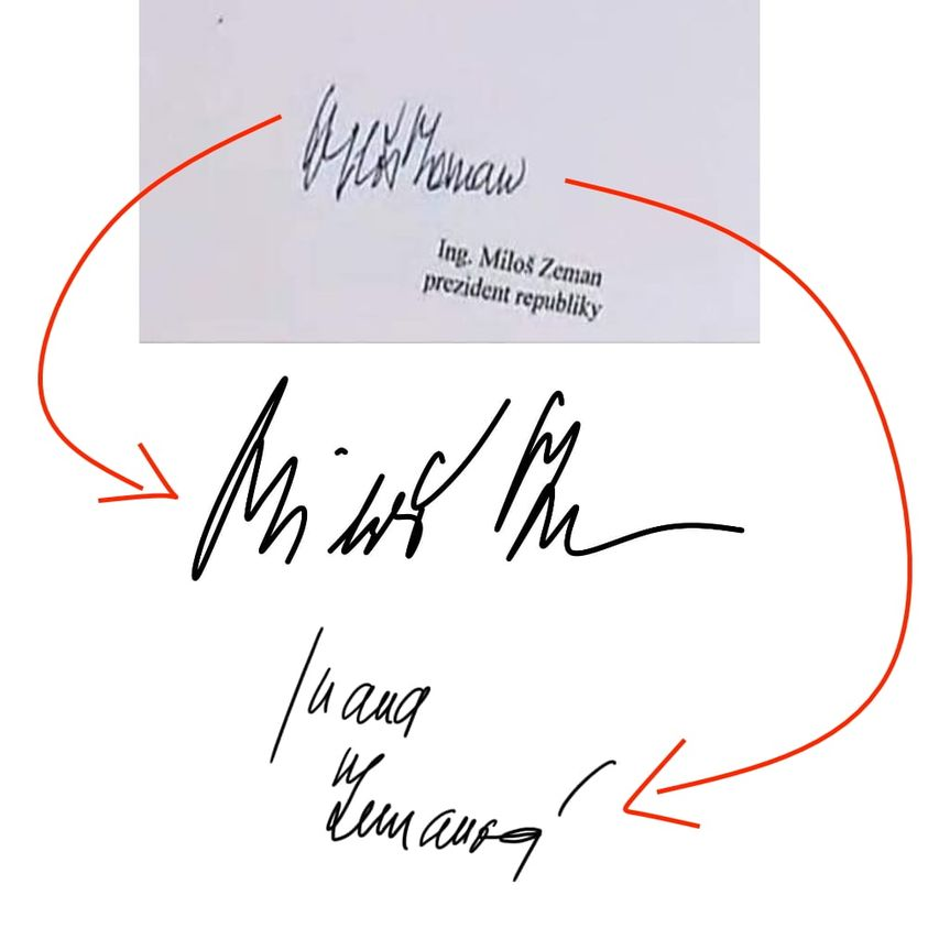 Podpis prezidenta Miloše Zemana na dokumentu ke svolání Sněmovny společně s jeho obvyklým podpisem a podpisem první dámy.