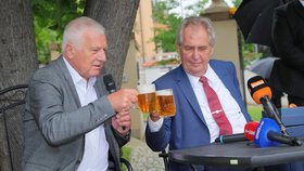 Exprezident Václav Klaus a současná hlava státu Miloš Zeman si připíjejí na oslavě 78. narozenin bývalého prezidenta (19. 6. 2019).