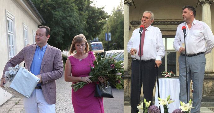 Miloš Zeman vystoupil na oslavě Martina Nejedlého. Dorazil tam i podnikatel a lobbista Hrdlička (vlevo).