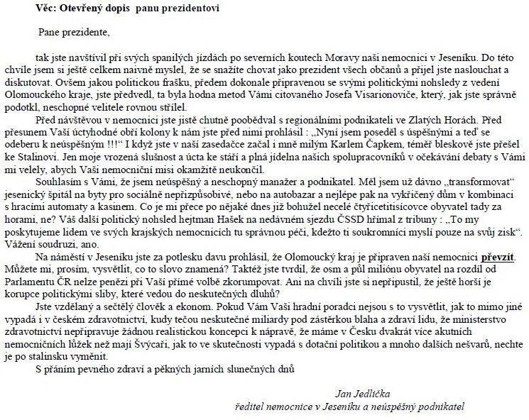 Otevřený dopis ředitele nemocnice v Jeseníku prezidentovi Zemanovi