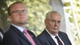 Miloš Zeman v Jevíčku na Svitavsku, vlevo hejtman Martin Netolický (ČSSD)