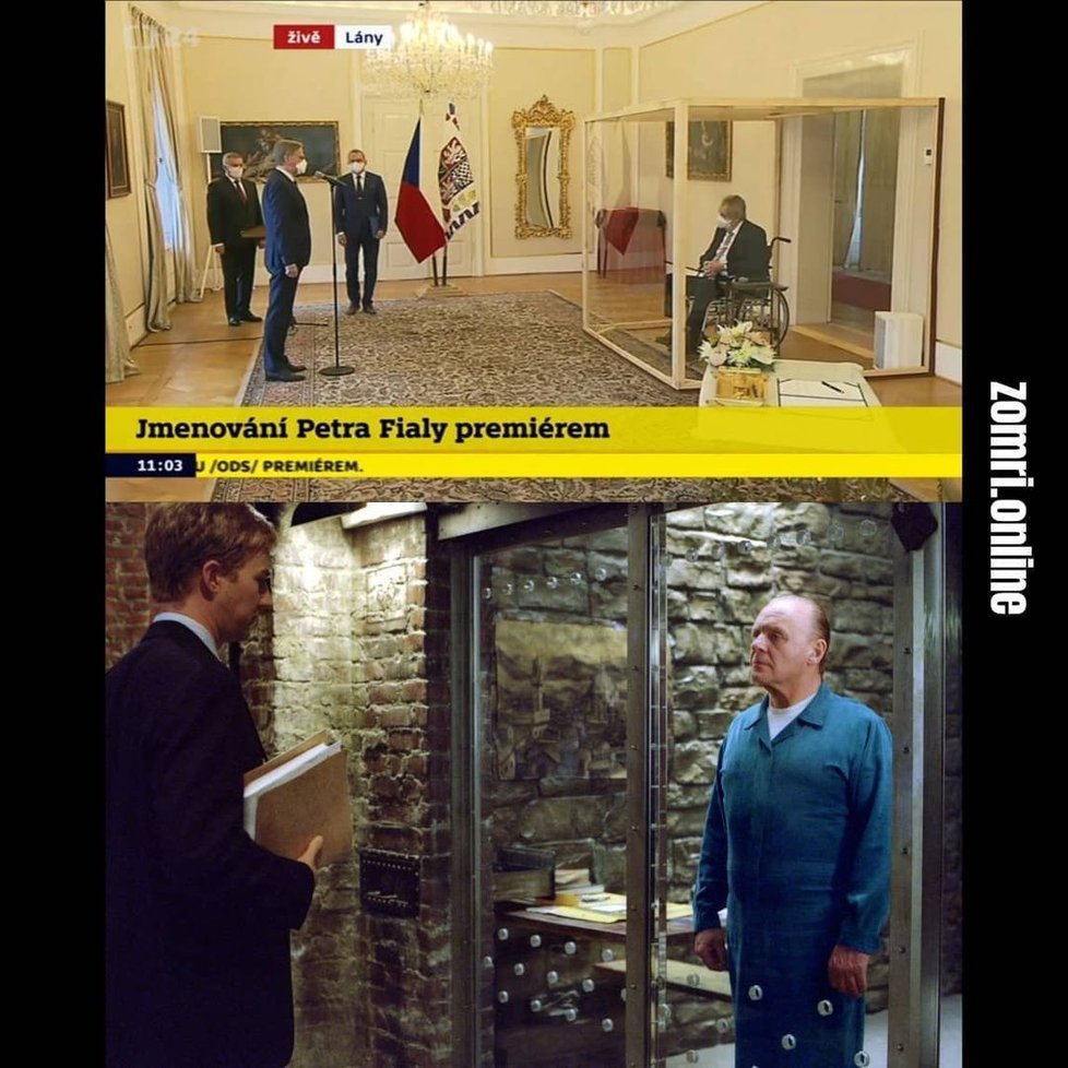 Internet zaplavily vtipy na jmenování Petra Fialy premiérem. Lidé si utahují z plexiskla, kterým byl oddělený prezident Miloš Zeman.
