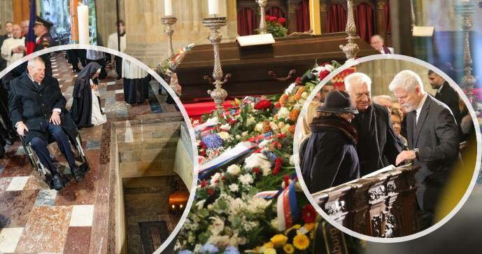Miloš Zeman u hrobky a Petr Pavel s Klausovými na pohřbu Dominika Duky (15.11.2025)