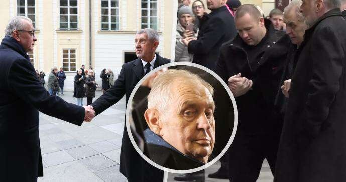 Zeman přišel na pohřeb Duky po svých, Babiš si podal ruku s Kalouskem