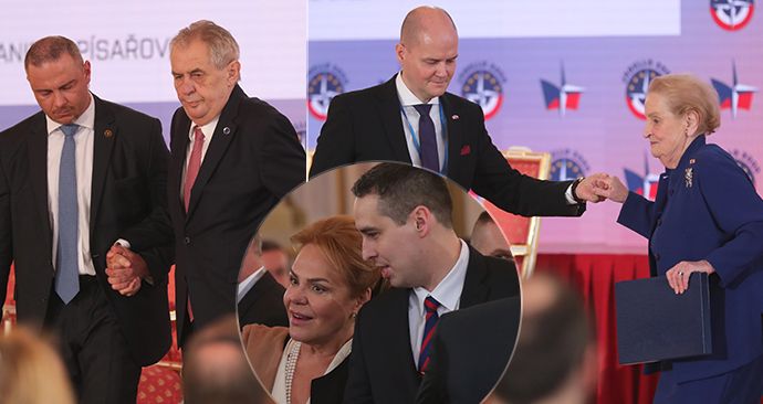 Oslavy 20 let ČR v NATO na Hradě: Zeman s Kiskou (vlevo), Dagmar Havlová (uprostřed) i Madeleine Albrigtová