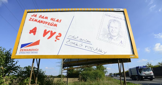 Prezident Miloš Zeman na billboardech strany SPOZ Zemanovci