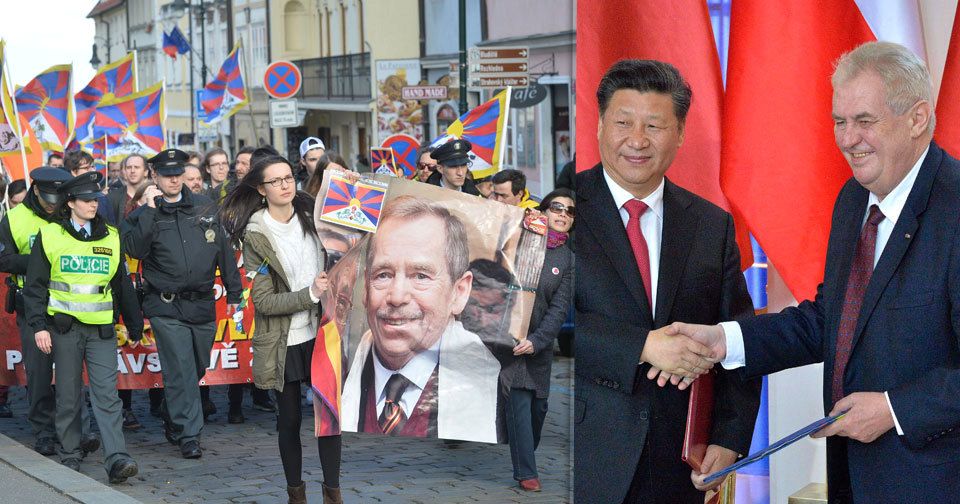 Demonstranti na podporu Tibetu vytáhli v Praze při pochodu během návštěvy čínského prezidenta velkou fotku Václava Havla.