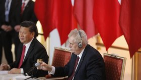Čínský prezident Si Ťin-pching navštívil 29. 3. Pražský hrad, kde měl brífink. Prezident Zeman poslouchá jeho projev a občerstvuje se